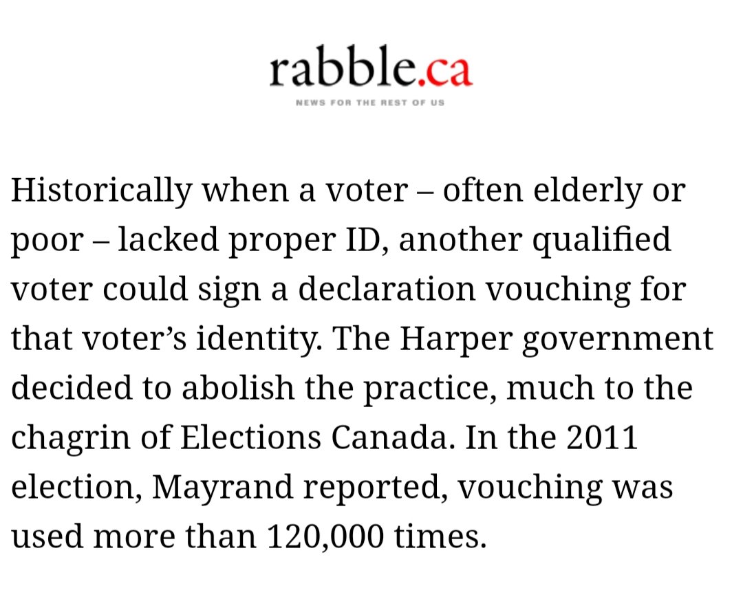 9) There was surprisingly little opposition voiced by the Conservatives considering the fact that Bill C-76 essentially undid much of the reforming that Harper's government brought in not long before. Their act required stricter measures surrounding acceptable ID when voting.