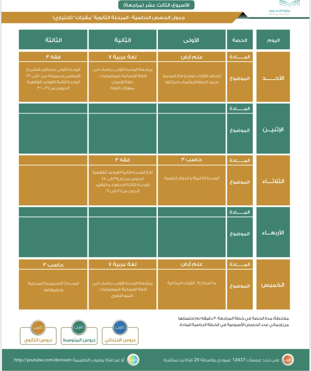 moe_gov_sa's tweet photo. جدول دروس الأسبوع الثالث عشر للمرحلة الثانوية (مقررات) عبر قنوات عين على تردد عربسات 12437 عمودي، فى بث مباشر من الساعة 8 ص إلى الساعة 12:30 ظ، ويُعاد طوال اليوم، أو عبر رابط القناة على اليوتيوب: 
https://t.co/ZZiH7qlRNb https://t.co/kBq2Mcvukd