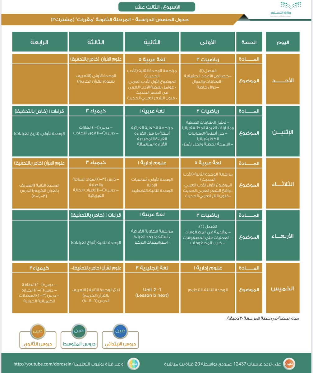 moe_gov_sa's tweet photo. جدول دروس الأسبوع الثالث عشر للمرحلة الثانوية (مقررات) عبر قنوات عين على تردد عربسات 12437 عمودي، فى بث مباشر من الساعة 8 ص إلى الساعة 12:30 ظ، ويُعاد طوال اليوم، أو عبر رابط القناة على اليوتيوب: 
https://t.co/ZZiH7qlRNb https://t.co/kBq2Mcvukd