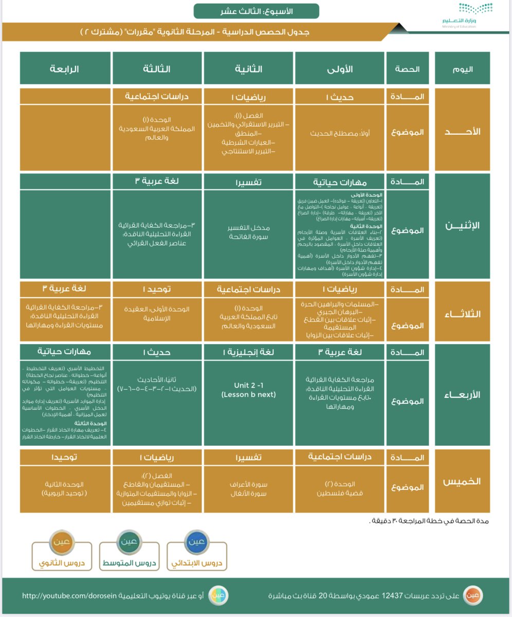 moe_gov_sa's tweet photo. جدول دروس الأسبوع الثالث عشر للمرحلة الثانوية (مقررات) عبر قنوات عين على تردد عربسات 12437 عمودي، فى بث مباشر من الساعة 8 ص إلى الساعة 12:30 ظ، ويُعاد طوال اليوم، أو عبر رابط القناة على اليوتيوب: 
https://t.co/ZZiH7qlRNb https://t.co/kBq2Mcvukd