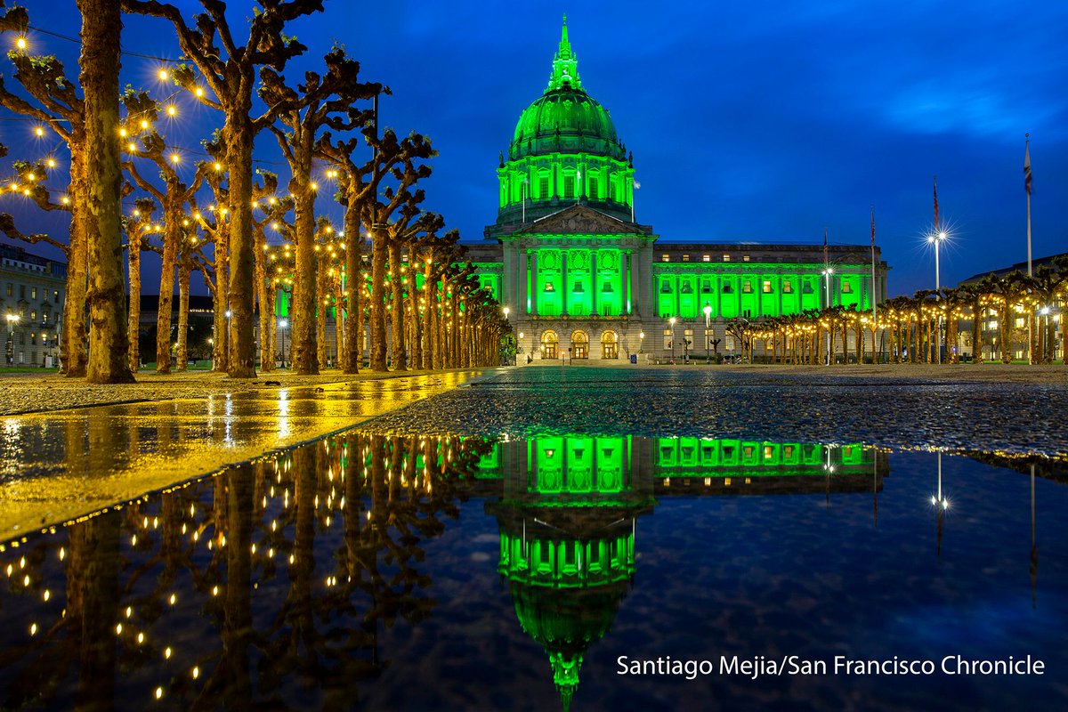 City Hall is lit green for the 150th anniversary of Golden Gate Park.