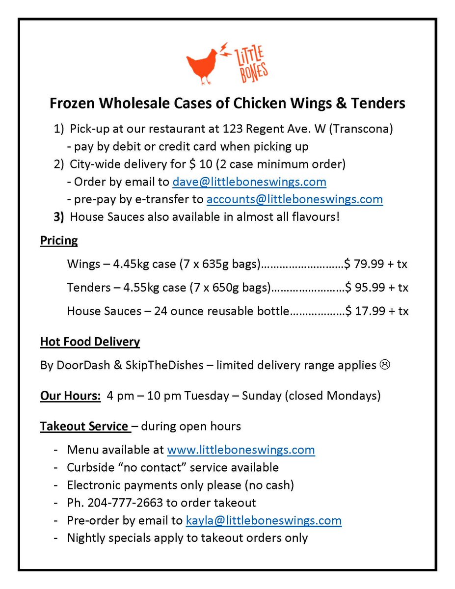 LittleBonesWing's tweet photo. Happy Easter weekend to all! 🐰 We had a record breaking night last night &amp; expect another humdinger tonight! 😜🙏 Here's the menu &amp; more info to help us help u! If u can't have the Big turkey u may as well have them Little Bones!🤣😎 #Winnipeg #Wpg #LetsBone #Covid19MB #Wpgeats https://t.co/zgf8pY0sb2