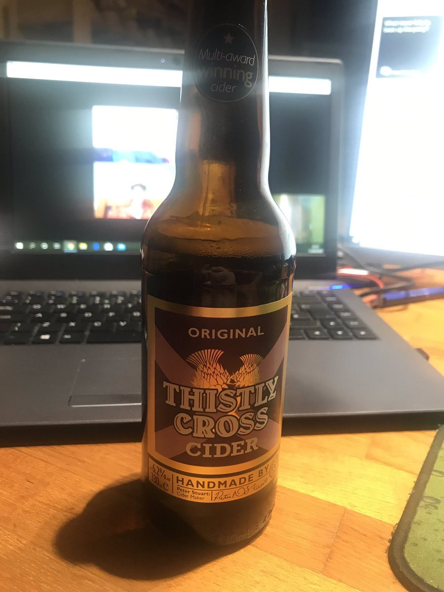 Beverage 24: Thistly Cross Cider Original (last one was traditional).Not sure what the difference is other than strength. This one is 6.2%, other was 4.4%. Can taste that. More of an alcohol flavour. Not great in a cider. Not as pleasant or refreshing. Still decent.7.2/10.