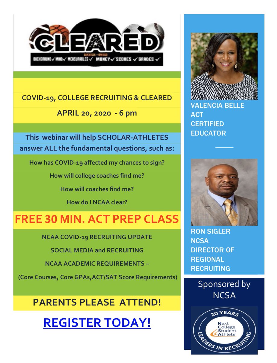 Georgia Scholar Athletes: Want to learn the NCAA COVID-19 recruiting updates, social media &amp; recruiting tips, &amp; receive a free ACT prep class? Join our FREE live webinar with SCHOOLS' CEO Valencia Belle on Monday, 4/20 at 6 PM CST/7 PM EST.

Register now: ncsasports.zoom.us/webinar/regist…