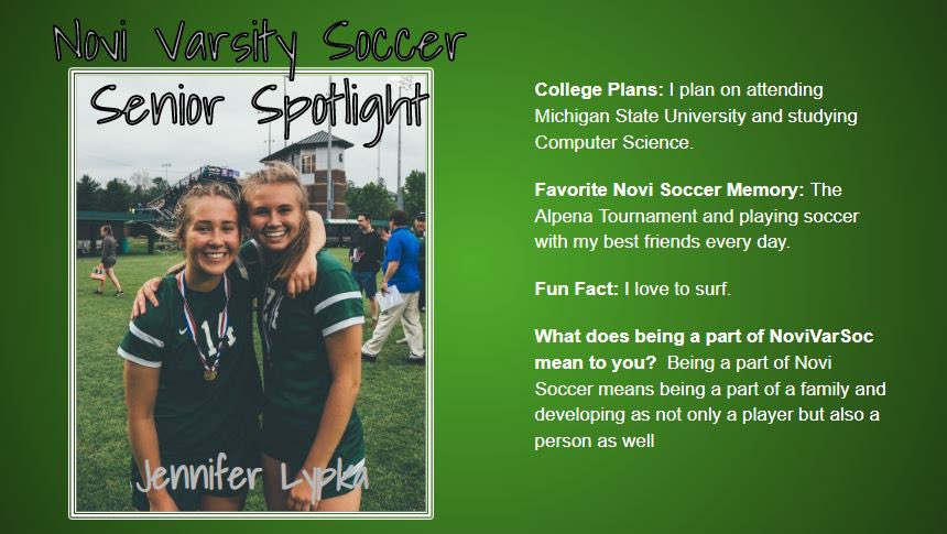 Novi Varsity Soccer (@novi_soccer) on Twitter photo What day is it?
It’s “Senior Spotlight Day!” As we continue to showcase our amazing seniors, today we honor a player who had done as much for our school as she has our team. Today we honor a selfless leader <a href="/jennlypka9/">Jenn Lypka𓆉</a>. <a href="/NoviStuCo/">Novi Student Council</a> <a href="/NCSD/">Novi Community School District</a> <a href="/BgordonBrian/">Brian Gordon</a> @MISoccerCentral <a href="/KLAASports/">KLAA Sports</a> What day is it?
It’s “Senior Spotlight Day!” As we continue to showcase our amazing seniors, today we honor a player who had done as much for our school as she has our team. Today we honor a selfless leader <a href="/jennlypka9/">Jenn Lypka𓆉</a>. <a href="/NoviStuCo/">Novi Student Council</a> <a href="/NCSD/">Novi Community School District</a> <a href="/BgordonBrian/">Brian Gordon</a> @MISoccerCentral <a href="/KLAASports/">KLAA Sports</a>