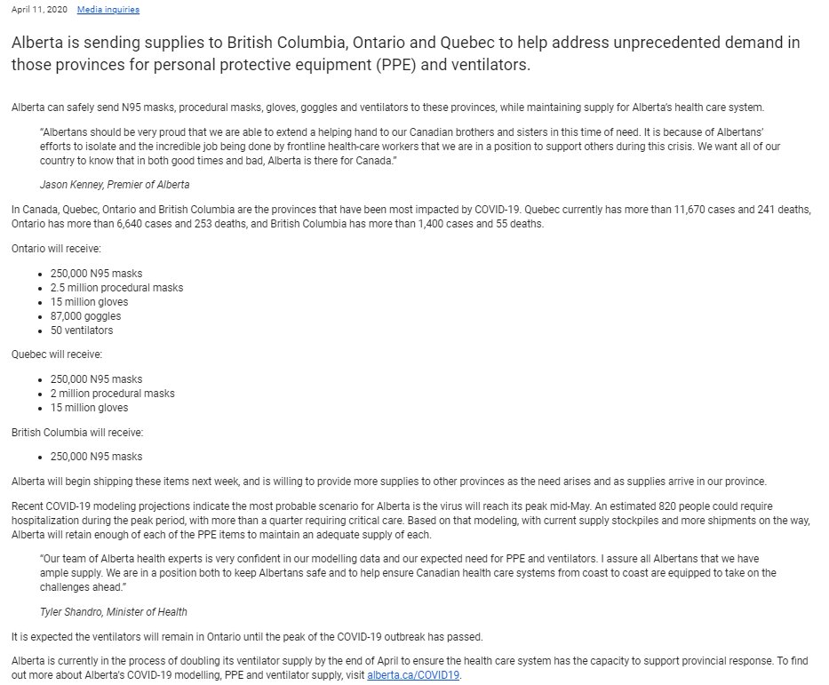 Clarification: The Alberta government has corrected one of the numbers in its news release. Ontario will receive 2.5 million procedural masks, not 5 million. The updated news release is below.