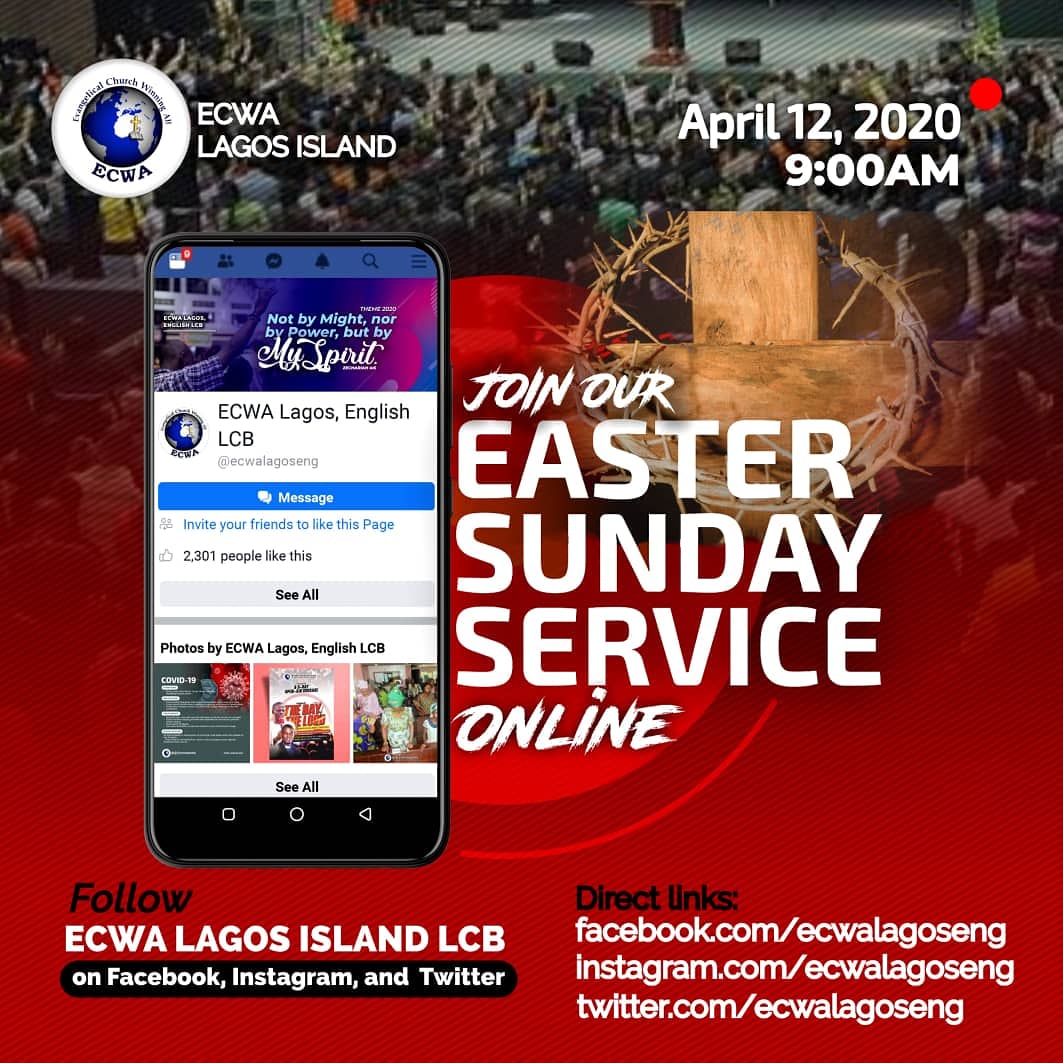 ecwalagoseng's tweet photo. Join our special Easter Sunday online Service.

"The Resurrection Service"

Connect with us on all our social media platforms;

https://t.co/tY0LKT6He7

https://t.co/ofYHosYv2o

Shalom.

#ecwa #ecwatv #ecwagist #ecwalagoseng #eastersunday #resurection #christ #emptytomb https://t.co/V5jkt0JKlg