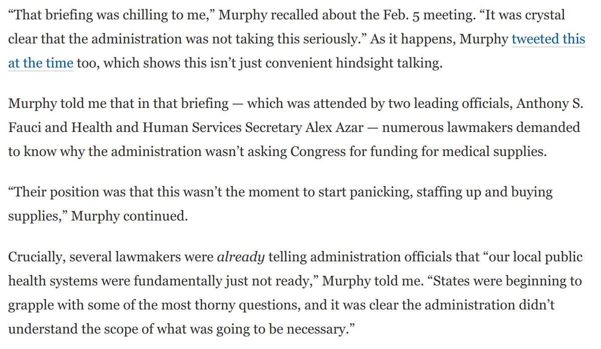This new NYT reporting confirms to the letter the detailed account that  @ChrisMurphyCT gave me in an interview, in which he described these early meetings: https://www.washingtonpost.com/opinions/2020/03/30/no-national-strategy-one-senators-alarming-account-first-days/