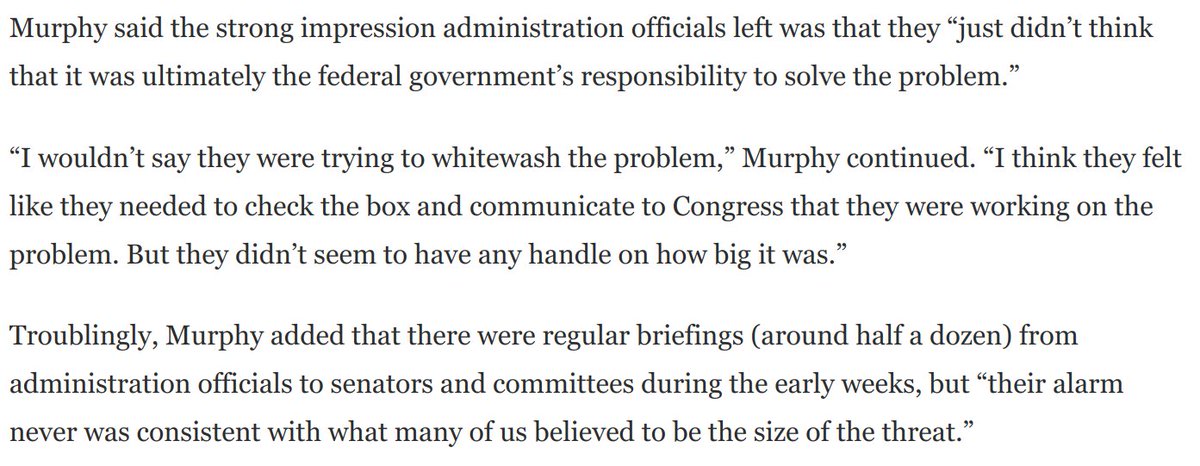 This new NYT reporting confirms to the letter the detailed account that  @ChrisMurphyCT gave me in an interview, in which he described these early meetings: https://www.washingtonpost.com/opinions/2020/03/30/no-national-strategy-one-senators-alarming-account-first-days/