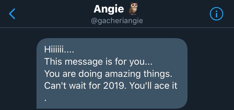 Yoh,I don’t know who this lady is. We have never met. I don’t even see her on my TL.She just slid into my DMs one day with affirmations. And continued to do so constantly from then on.Some of her random messages found me at my lowest. Especially in 2019. And kept me afloat.  https://twitter.com/gacheriangie/status/1249007410267725825