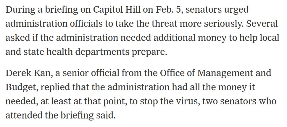 This is a key detail from the new NYT expose. Senators directly told administration officials that they would need more money for the response in early Feb. Those officials replied that they didn't need any more funding: https://www.nytimes.com/2020/04/11/us/politics/coronavirus-trump-response.html?action=click&module=Spotlight&pgtype=Homepage