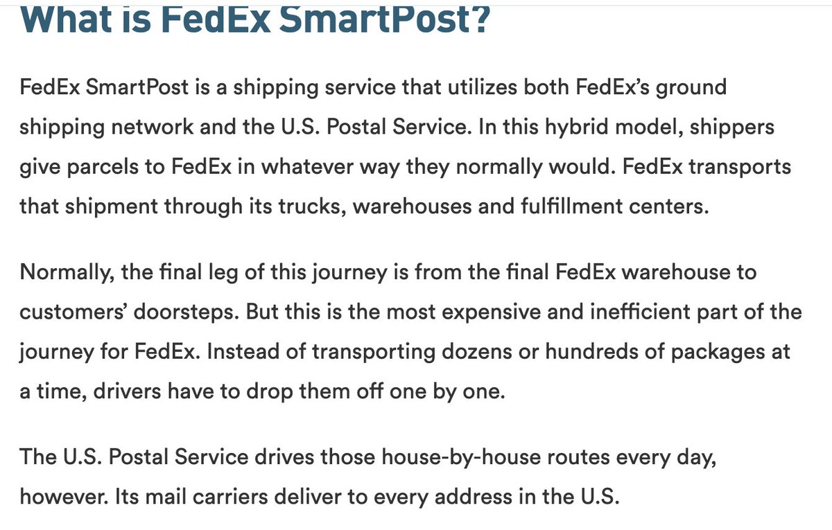 Also, both UPS and FedEx already rely on the Post Office to complete deliveries for them. It's not economical for them to deliver in more sparsely populated areas all over the country. So they work with the Post Office. Here's FedEx and UPS to explain: