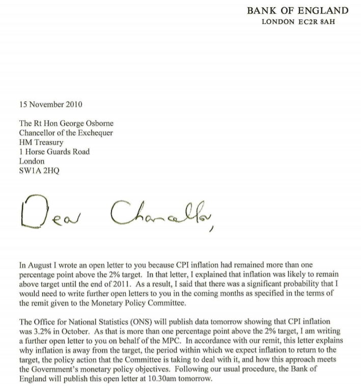 (4/n) Second, IT brings significant transparency to the process. For example, every time infl deviates from target infl by 1% point, BoE governor has to write a letter to Chancellor (i.e. Finance Minister) explaining y this happened. See image of one such letter written in 2010: