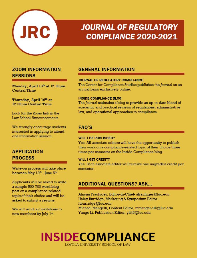 LUCCompliance's tweet photo. Attention rising 2L, 3L &amp; Weekend JD Loyola University Chicago School of Law students: 

We are recruiting new members for the 2020-2021 school year! 

For more information, reference our flyer below.
@LoyolaLaw https://t.co/MKV2ZZUkzK