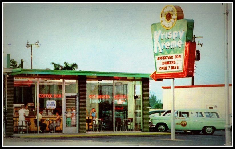 Enter the donut shop. By the late 1950’s both Krispy Kreme and Dunkin Donuts had opened and begun expanding. The donut shops had to work through the night to prepare for the early morning rush, and many began opening overnight