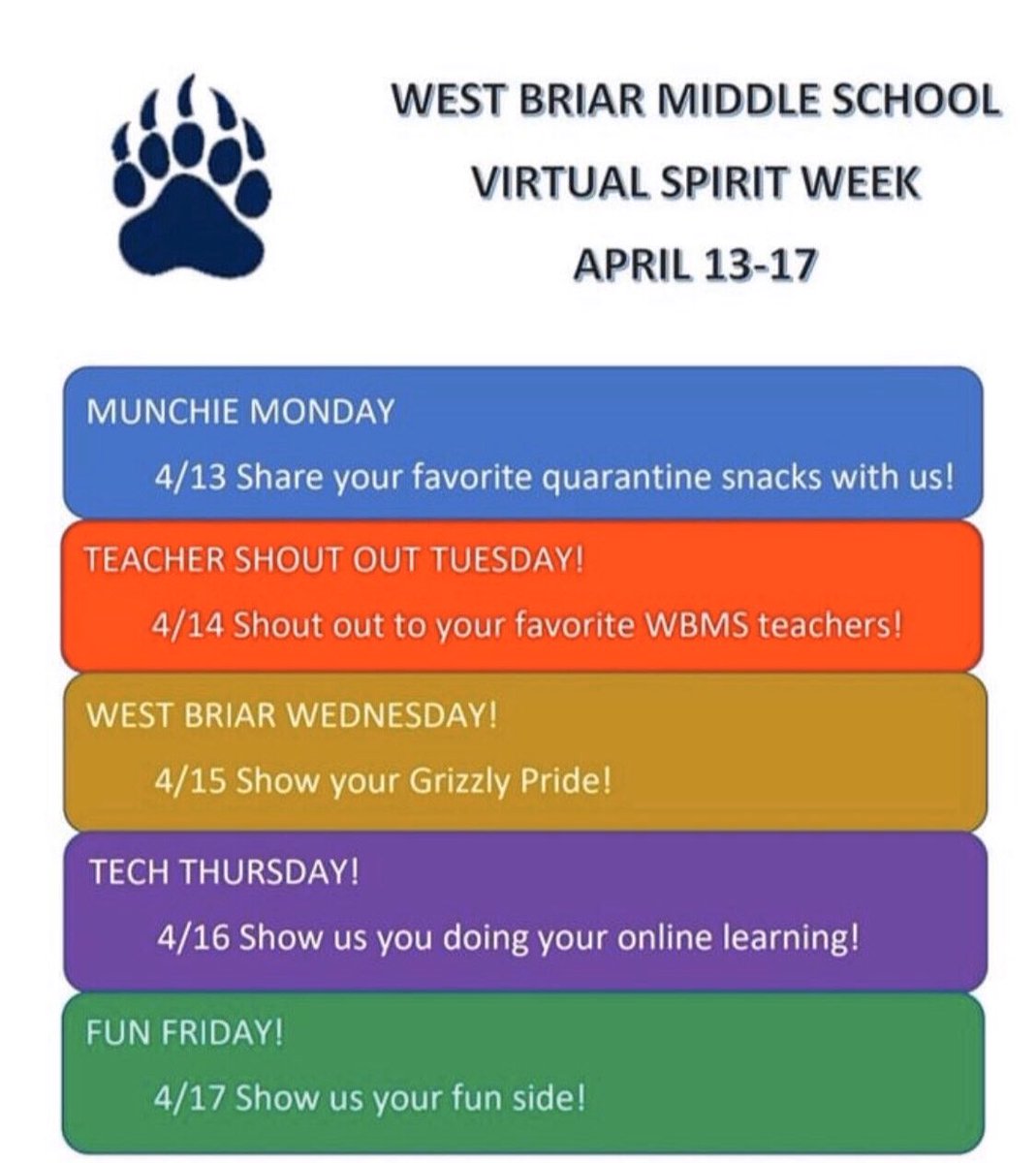 HISD_EAS_EDI's tweet photo. 📣 GRIZZLIES...Are You Ready for VIRTUAL SPIRIT WEEK? Let’s show our #Grizzly pride and make sure to tag your pics using #wbmsvirtualspiritweek #WeAreWestBriar #BetterTogether https://t.co/viFZKNYkOF