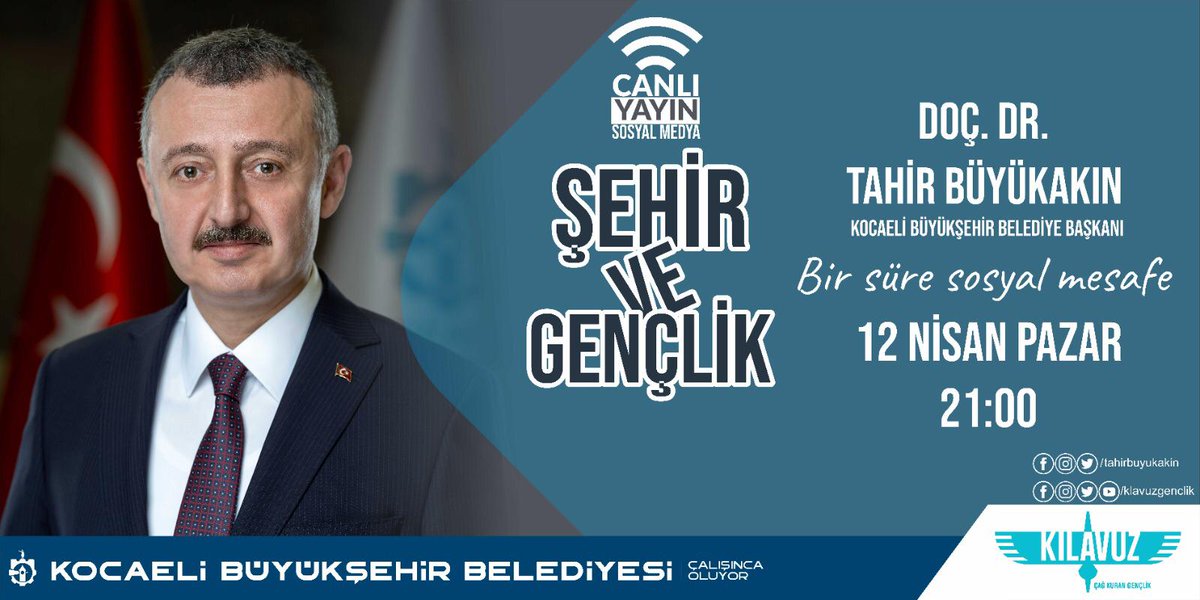 kocaelibld's tweet photo. “Bir süre sosyal mesafe” diyerek Büyükşehir Belediye Başkanımızı CANLI YAYIN'da ağırlıyoruz.

Siz de “Şehir ve Gençlik” konulu sosyal medya buluşmasına katılmak istiyorsanız sorularınızı bizimle paylaşın✍️ 

🗓 12 Nisan Pazar
⏰ 21.00
#KılavuzGençlik
https://t.co/BSmZlxrEau https://t.co/OSaDyWg4d0