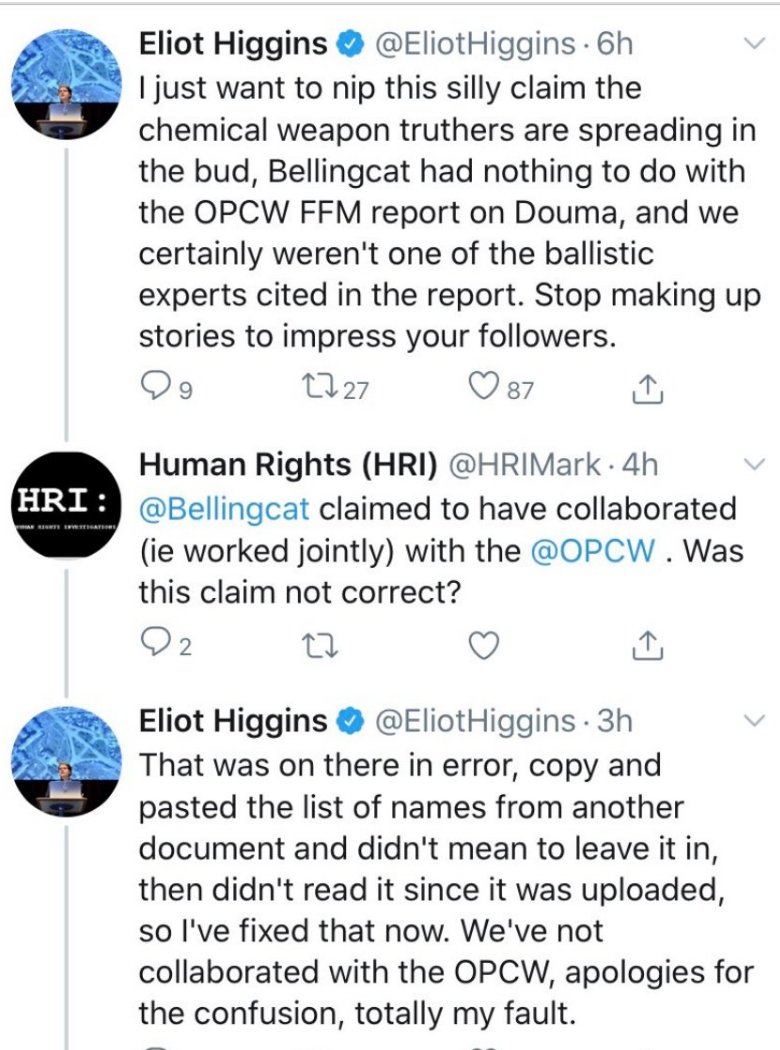 Simple visualization of  @EliotHiggins' fraud: 9/2019: Bellingcat claims it "partners" w/ OPCW. 2/2020: after OPCW's Douma scandal grows; its unknown "experts" face scrutiny; & Bellingcat attacks the actual OPCW experts, Higgins says "partner" claim was a "copy & paste" error.