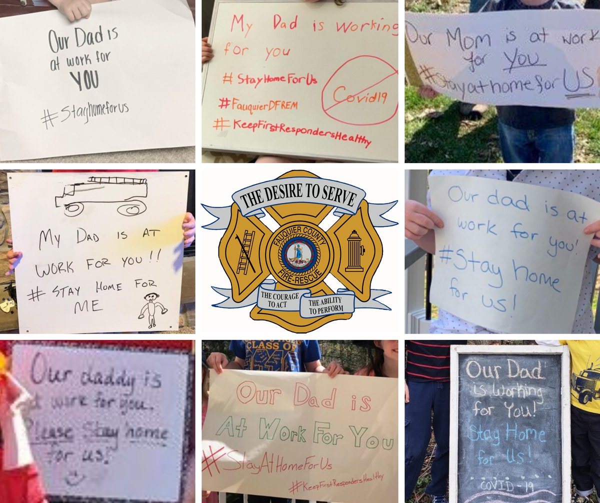 FCDEM's tweet photo. Signs made by families of YOUR local First Responders. #StayAtHomeForUS #FauquierCounty #DFREM #local #StayHome https://t.co/0AWOIcAK14
