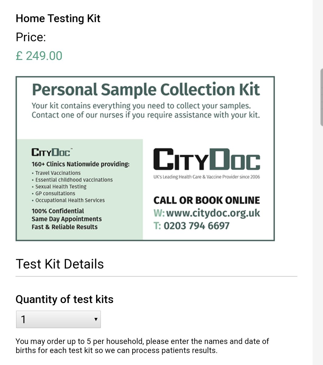 Another test offered is cheaper, at £249, and they claim 99.9% accuracy. Both of these tests they would send you the swab to your home, and you would send it back to them for analysis in their lab, so not that rapid  https://www.citydoc.org.uk/covid-19-home-testing-kit/ 12/n