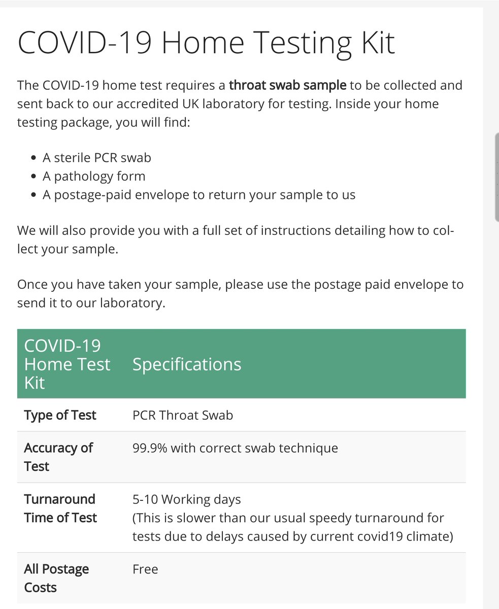 Another test offered is cheaper, at £249, and they claim 99.9% accuracy. Both of these tests they would send you the swab to your home, and you would send it back to them for analysis in their lab, so not that rapid  https://www.citydoc.org.uk/covid-19-home-testing-kit/ 12/n