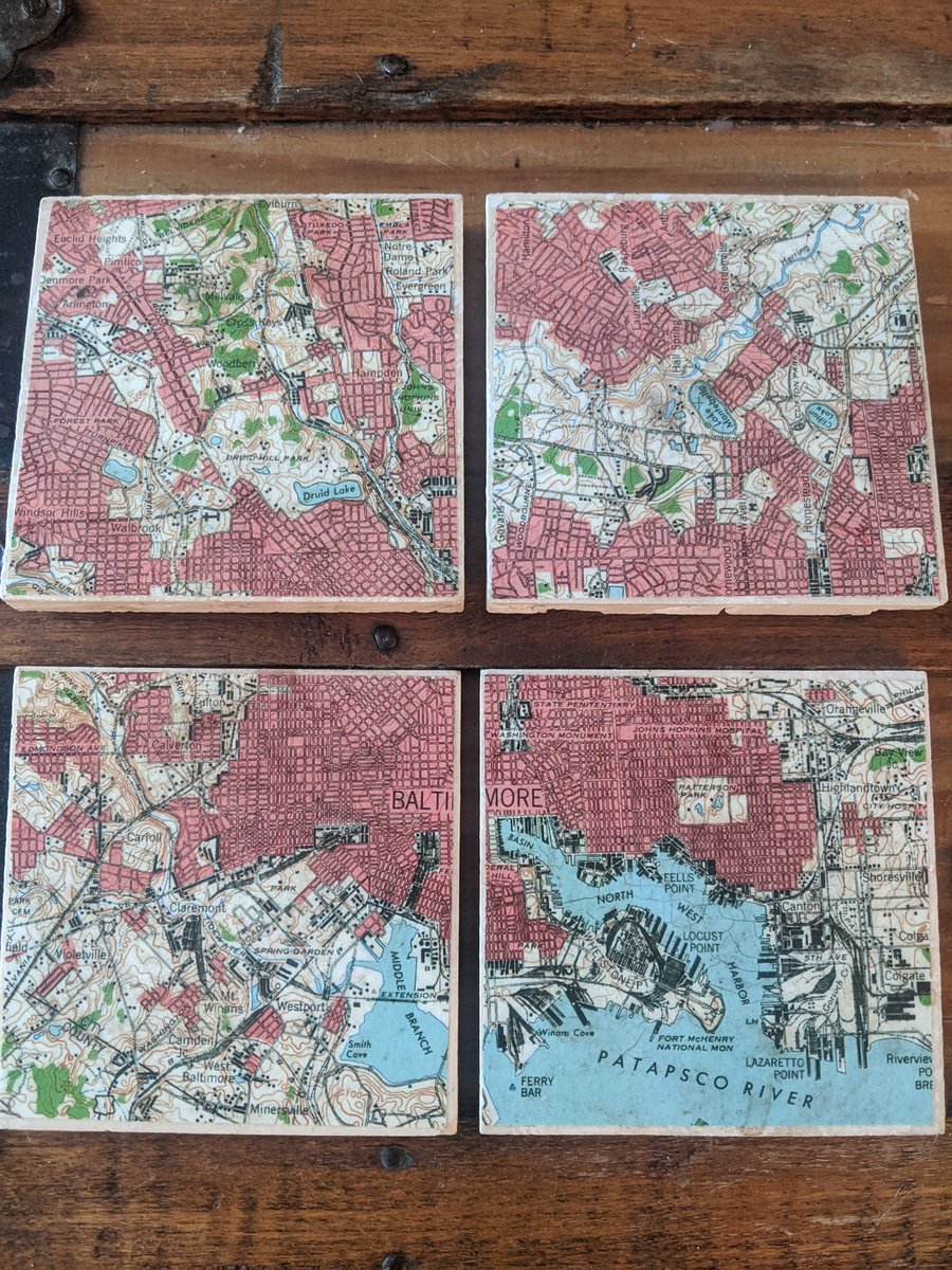 Clearly my favorites, a map of Baltimore. I bought them at a street festival. The back says  http://juanitas.etsy.com  I did not check the link but go ahead.  #coasters