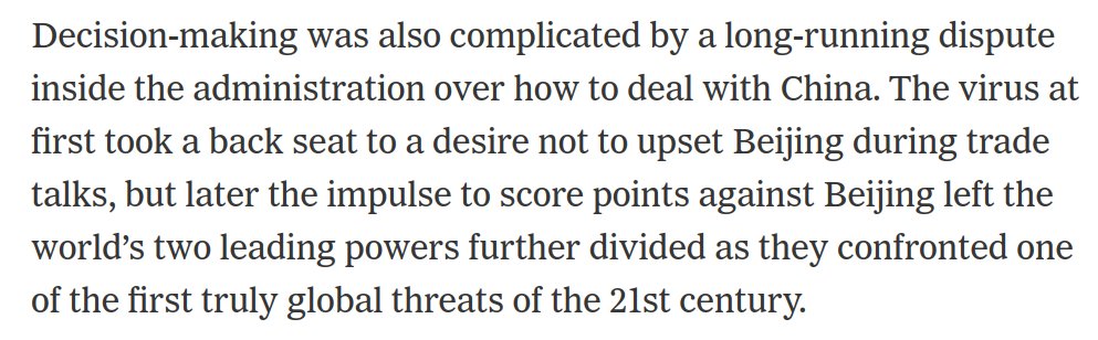 Here's another key detail from the NYT:Coronavirus "took a back seat" to Trump's "desire not to upset Beijing during trade talks." It's only *later* that Trump lurched around to blaming China, after he needed to shift blame for what was happening: https://www.nytimes.com/2020/04/11/us/politics/coronavirus-trump-response.html?action=click&module=Spotlight&pgtype=Homepage