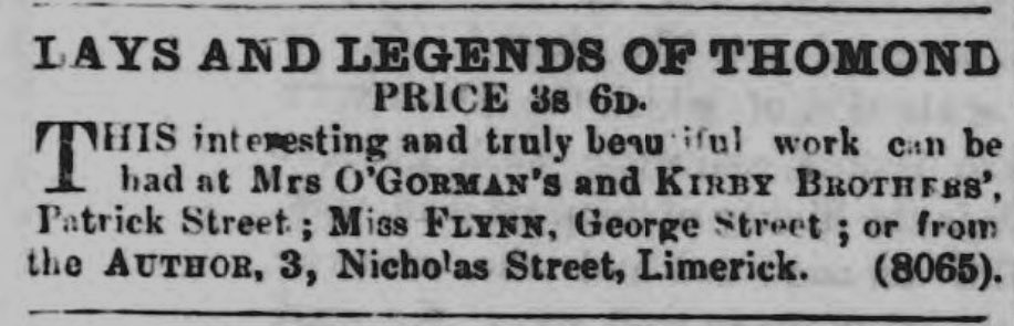 Michael Hogan, Lays and Legends of Thomond (1866). Hogan lived at 3, Nicholas Street, #Limerick