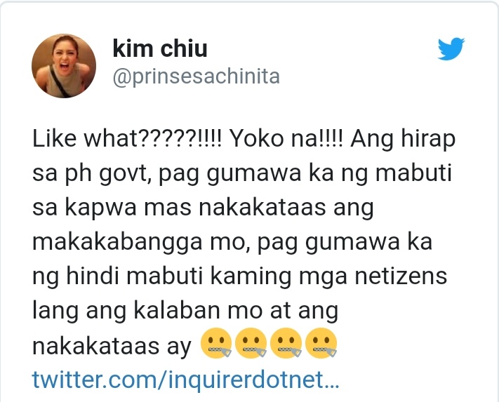 They also wrote thanking President Duterte for what he did for the Philippines. In my personal opinion. This serves you right Kim Chiu for stepping too much and saying this. Sana nagiisip ka muna bago ka nagsalita. - end of thread