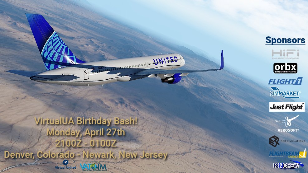 virtualUA's tweet photo. This event is going to be great! On Monday April 27th, fly with us to Newark on the VATSIM: The Virtual Air Traffic Simulation Network RSVP Here: https://t.co/3KZ6Cm8Y8C
.
Thank you to our great sponsors for giving away prizes!
.
#fsx #xplane #p3d #virtualunited #unitedairlines https://t.co/VBClhwzUK3