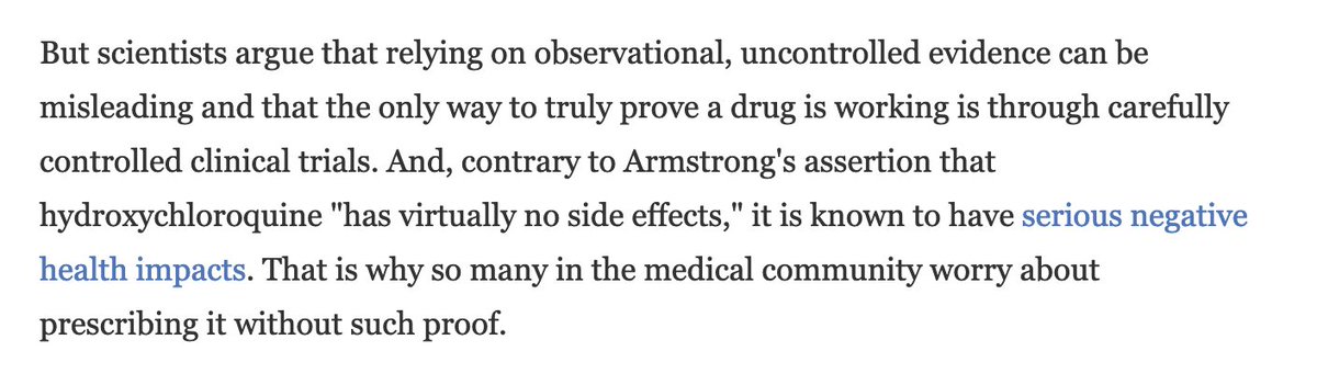 Armstrong asserts HCQ "has virtually no side effects"The truth is HCQ's side-effect profile is so significant, the drug carries a mandated FDA black box warning