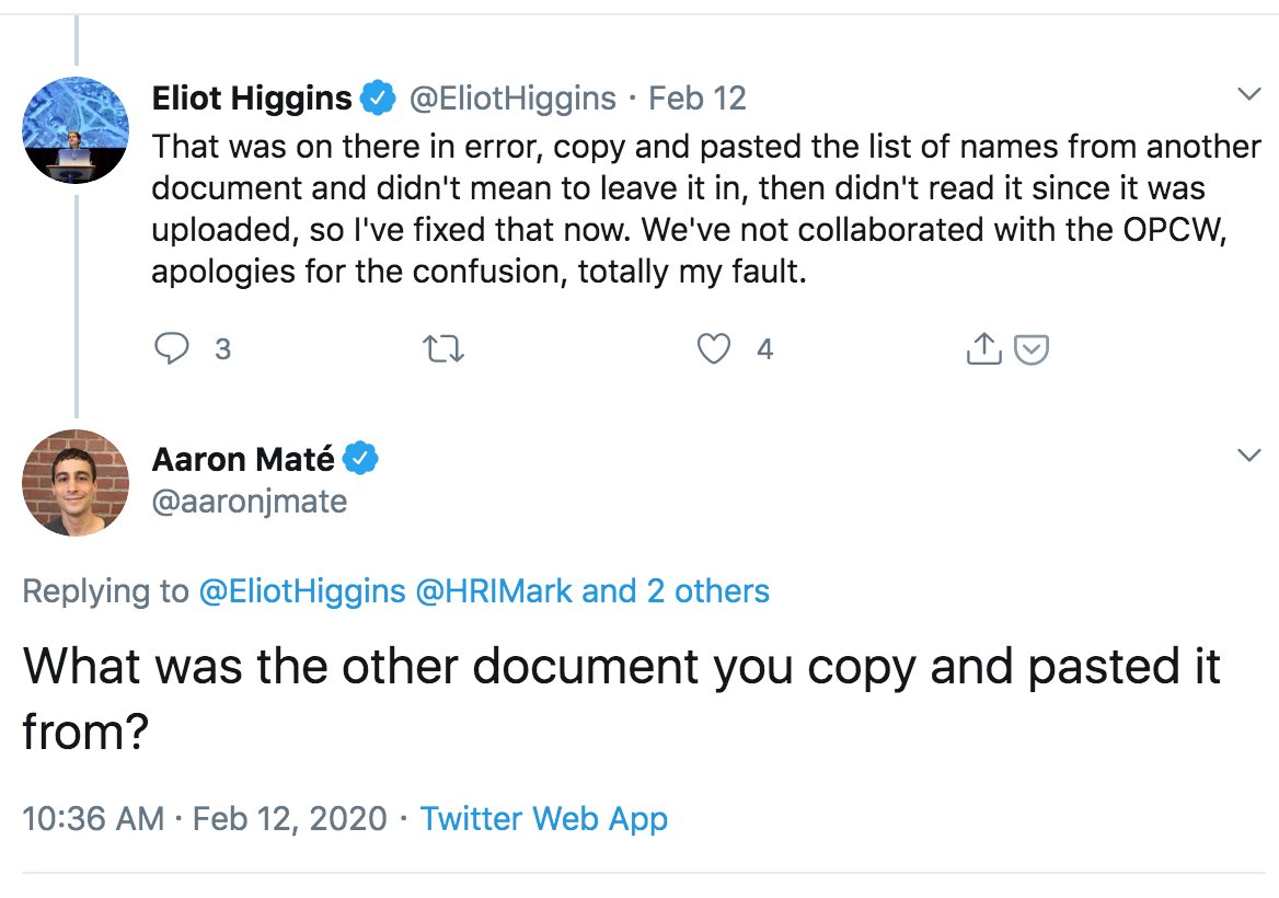 . @EliotHiggins has also been asked to explain what the "another document" was -- the one that contained every single Bellingcat partner initially claimed, except for the "error" of OPCW. Eliot's answer: 