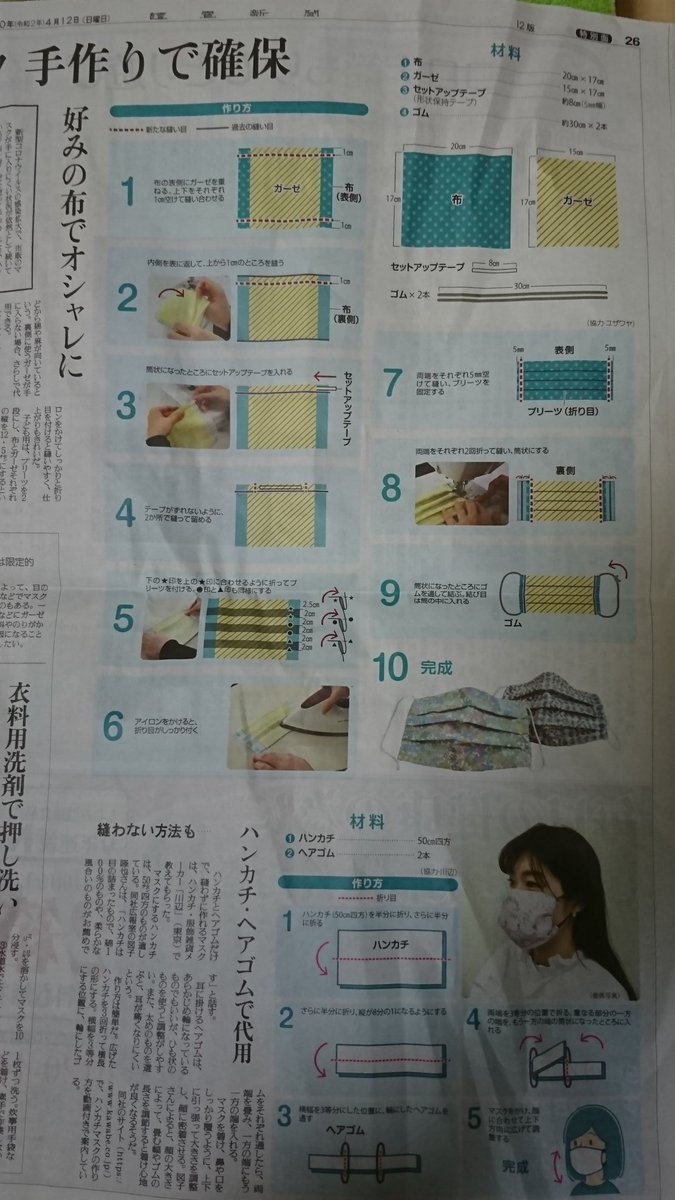 たい姫 おはよ ございます 読売新聞の朝刊にも 作り方が載せてありました 縫えない方も ハンカチマスクもありますよ お手持ちの可愛い 綺麗 カッコイイハンカチやバンダナで ゴムの部分は輪にはなっている髪のゴムで作ってみてはいかがかな 安倍の