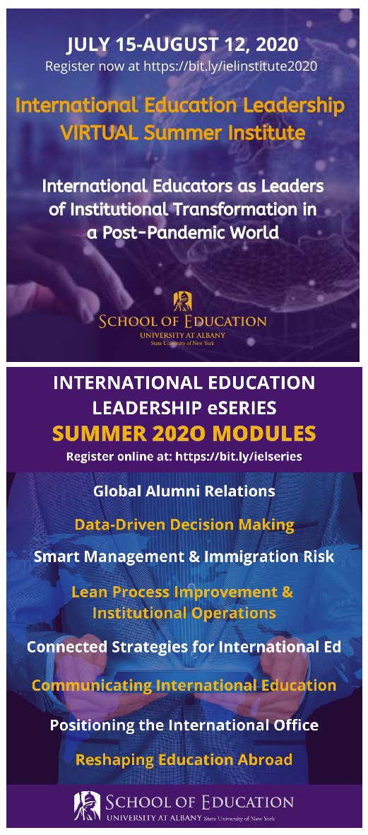 mitchlev's tweet image. Int’l Ed Leadership Development @UAlbanyEdu!  Virtual Institute on “IE Leaders &amp;amp; Institutional Transformation Post-Pandemic” July 15-Aug 12.  Also, this summer EIGHT 4-wk online prof dev modules on critical, strategic IE issues and skills.  More &amp;gt;&amp;gt; tinyurl.com/rmxhdpm #IntlEd