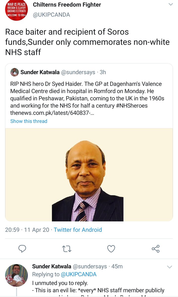 The thread commemorates all NHS workers whose deaths have been publicly announced, as I have become aware of them. It takes a very angry and ugly mindset indeed for  @UKIPCANDA to ignore that and to spread his malicious lies, objecting to the commemoration of all NHS staff.