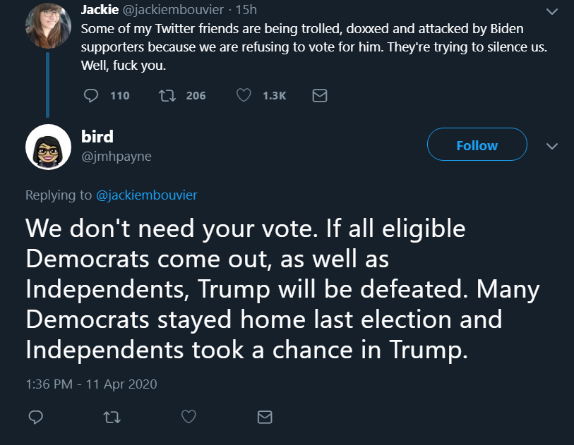 Ok so I'm making a thread of the "Don't Need Your Votes" and will attach it to the one  @FaerieWhings started.Not sure who she thinks a majority of the left and left leaning Indies are. She must be talking about the RW ones. Libertarians aren't going to vote Joe though.
