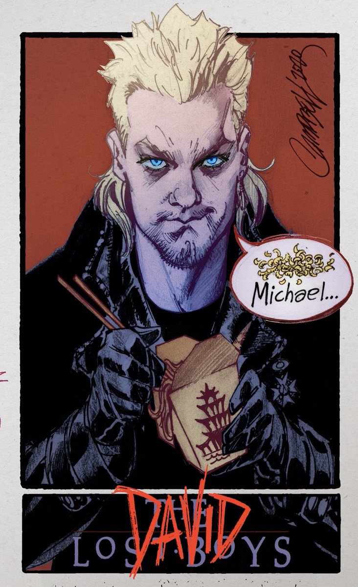 🧛🏻Time for my 5th #SixFanArts! This one came in hot at the last minute with almost 100 votes in my Dexter &amp; DeeDee thread! A personal favorite of mine too, "David" (#KieferSutherland) from the #LOSTBOYS! Be more to go... #jscottcampbell 