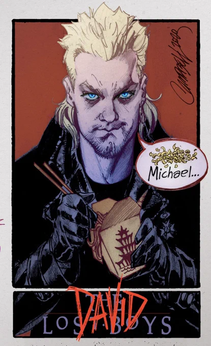 🧛🏻Time for my 5th #SixFanArts! This one came in hot at the last minute with almost 100 votes in my Dexter &amp; DeeDee thread! A personal favorite of mine too, "David" (#KieferSutherland) from the #LOSTBOYS! Be more to go... #jscottcampbell 