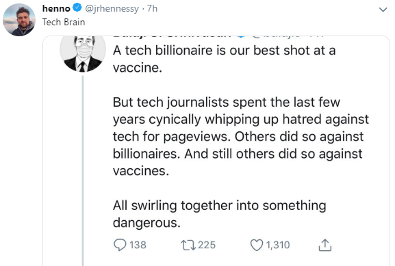 14/And fourth, though there's pretty little anti-tech stuff in the mainstream media itself, there quite a lot on Twitter. Most of it probably doesn't come from mainstream media figures, but from peripheral media figures who get attention by dunking on tech industry culture.