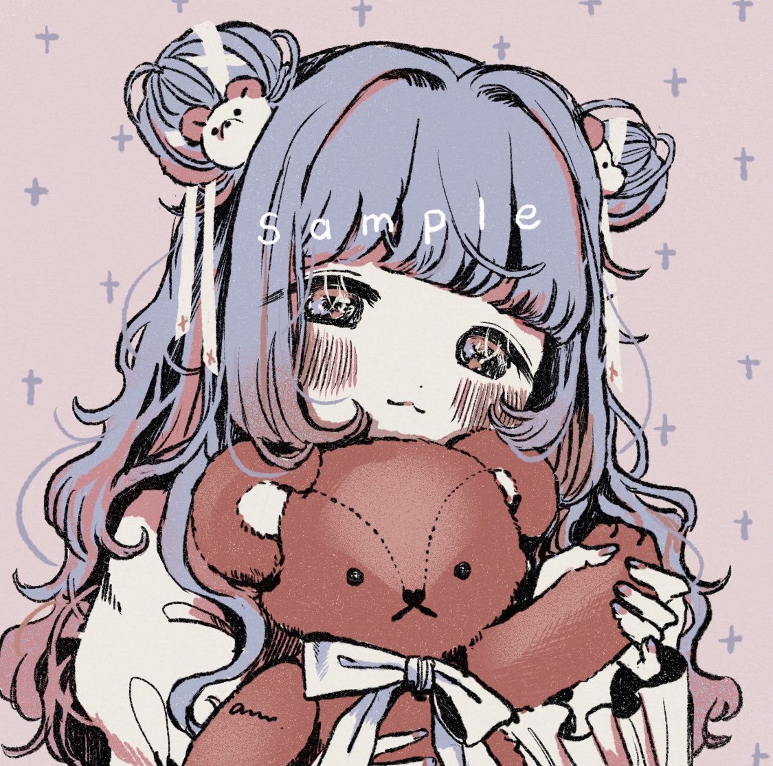 1girl stuffed toy teddy bear solo double bun stuffed animal blush  illustration images