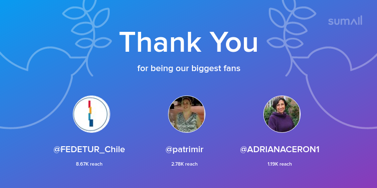 Our biggest fans this week: FEDETUR_Chile, patrimir, ADRIANACERON1. Thank you! via sumall.com/thankyou?utm_s…