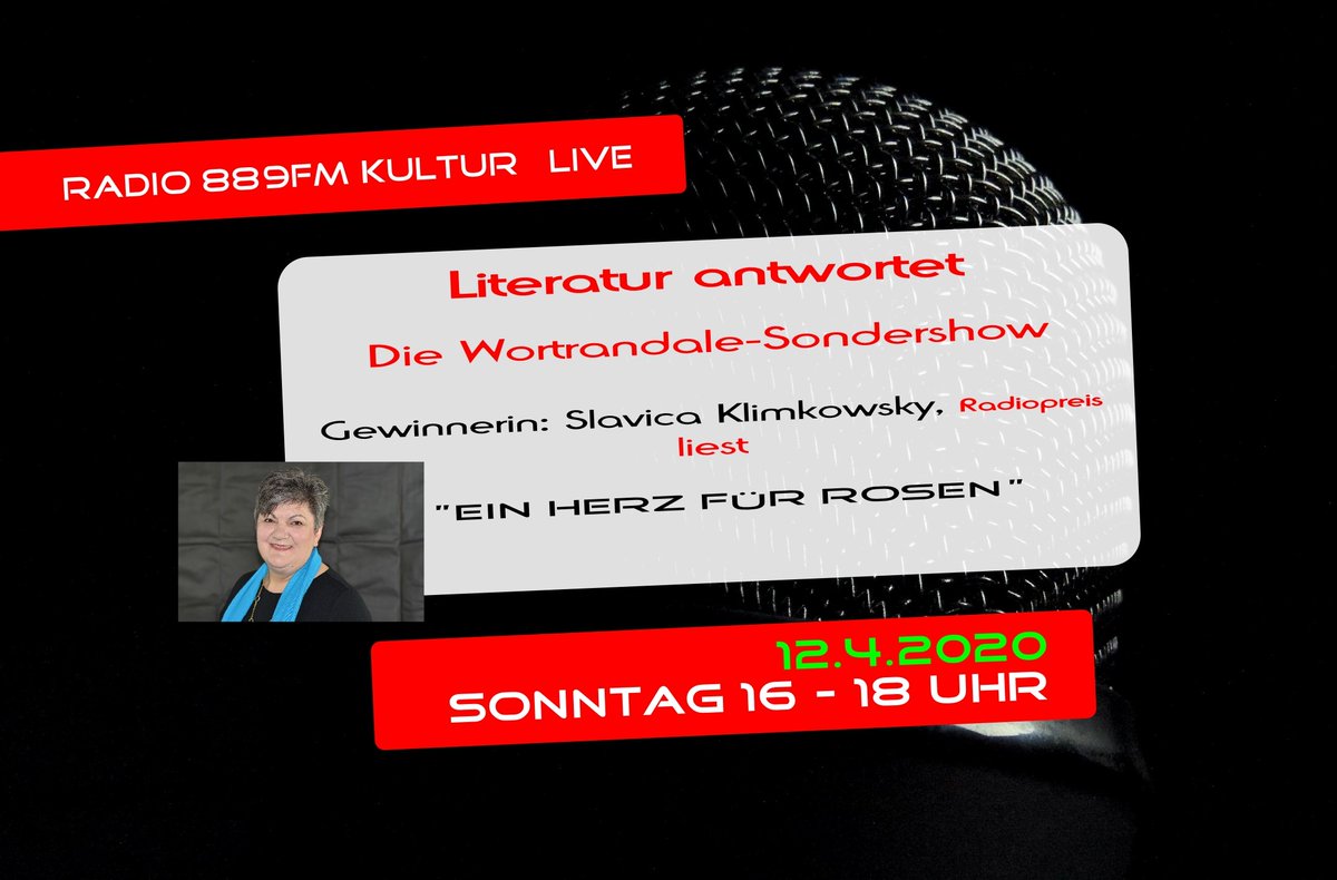 Am 12.4.2020 von 17 bis 18 Uhr live bei Radio 889FM Kultur präsentieren wir die Radiopreis-Gewinnerin Slavica Klimkowsky (Sparte Krimi) mit ihrem Text: Ein Herz für Rosen
Hier sind wir zu hören:
stream.laut.fm/889fmkultur