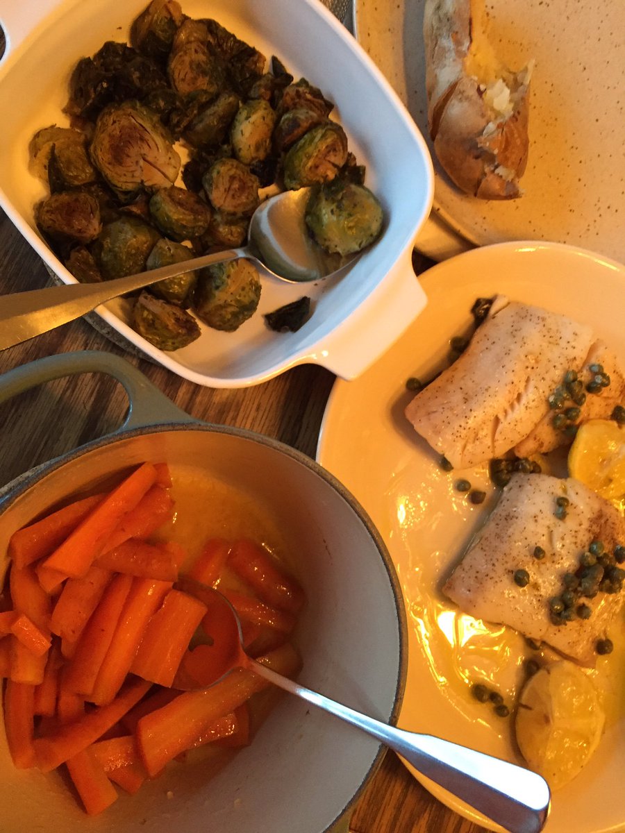  #SaturdayKitchen includes slow baked Sablefish, baked potato, honey glazed carrots and roasted Brussels sprouts.  #QuarantineCuisine Fish was frozen, arrived by mail. Lots of good sources out there.