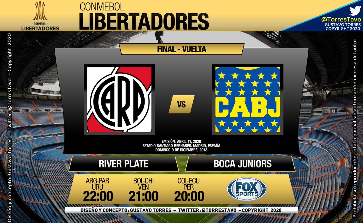 TorresTavo's tweet photo. #ClasicosFOX
Copa Libertadores 2018
Final – Vuelta
River Plate – Boca Juniors
TV: Fox Sports
Narró: Mariano Closs
Comentó: @dflatorre
Campo: @m_benedetto y @chiquitogarcia
#LibertadoresxFOX
#RiverxFOX
#BocaxFOX https://t.co/b9thNvltN7