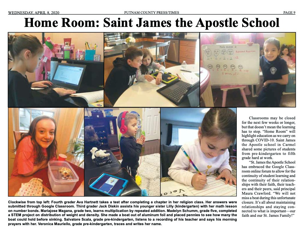 stjamescarmel's tweet photo. Shout out to Putnam Co. Press/Times for their homeroom section and for featuring St. James the Apostle School.
#homebasedlearning #catholiceducation  

@mauracr87811579  @fathertonym  @MichaelDeegan10
@Mary_JaneRS  @ArchNY_Schools  @NY_Arch
@CathSchoolNews https://t.co/EiTXjn3vFI