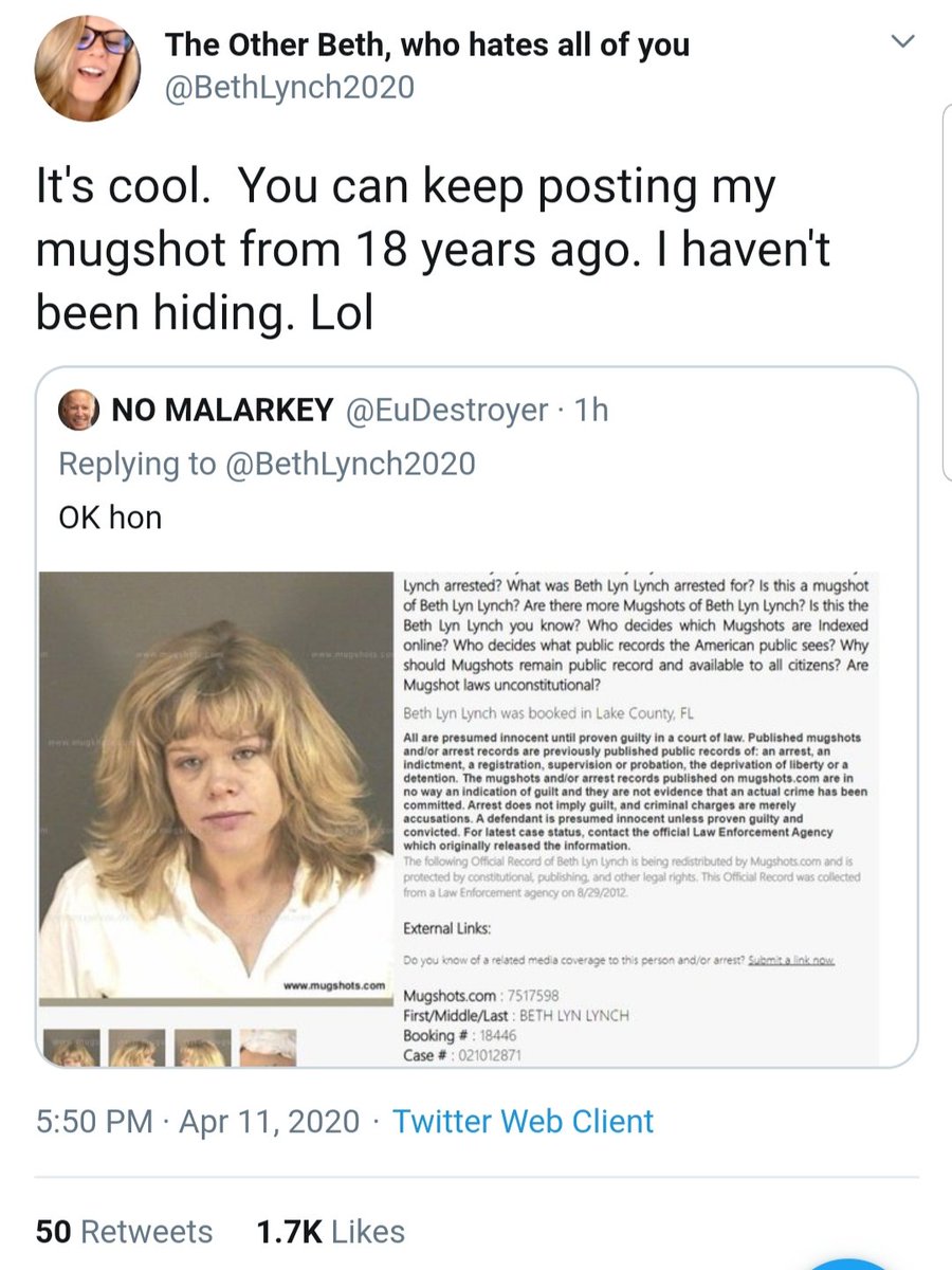 For those who are blocked, here is Beth Lynch admitting that the mugshot of her and the charges are real.She sexually abused a child and rose Twitter defends this freak.