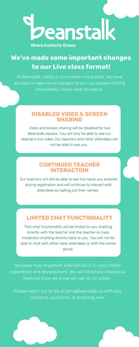 beanstalk_co's tweet photo. We're proud to announce a new privacy policy to keep our little learners EXTRA safe during our classes! Read more about the changes here so you're ready to #BeanstalkIt 😀 https://t.co/2pyvdvrMTR