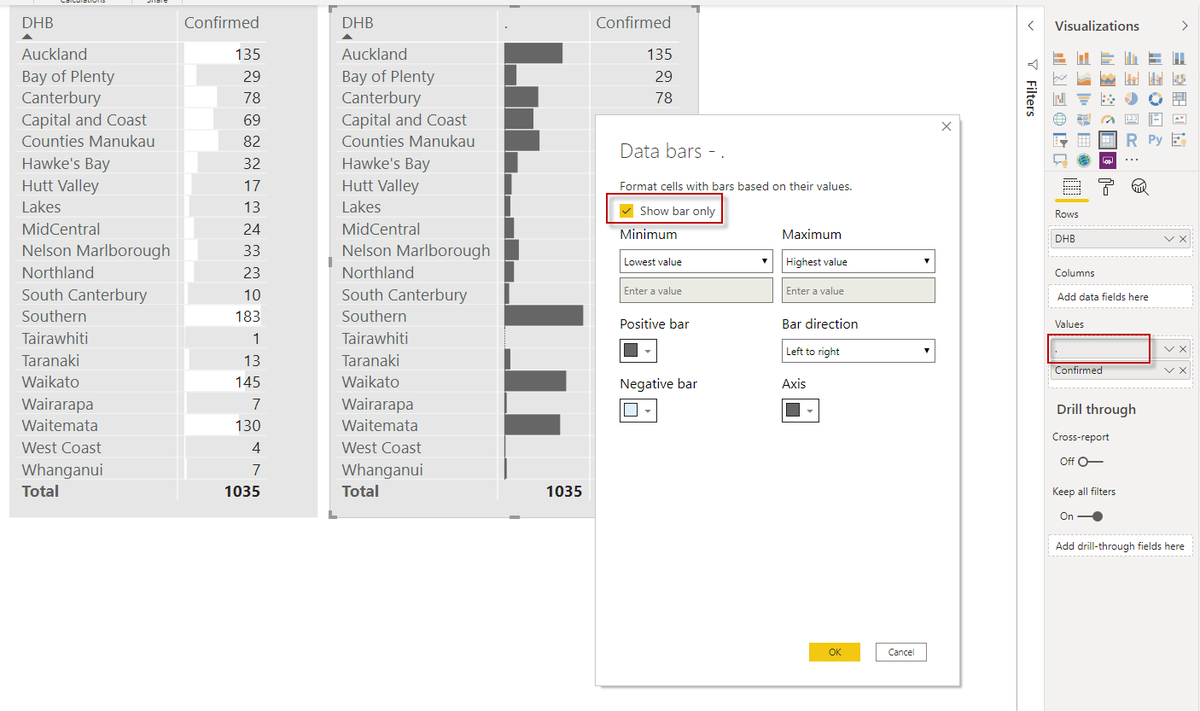 11. The way around this is to use two series; one of which has the Show Bar Only option ticked. (It has to be a different measure too...if you use the same exact measure, changes to DataBars appear to be global.  @Will_MI77 maybe a bug?) I don't want a column name so I used ".".