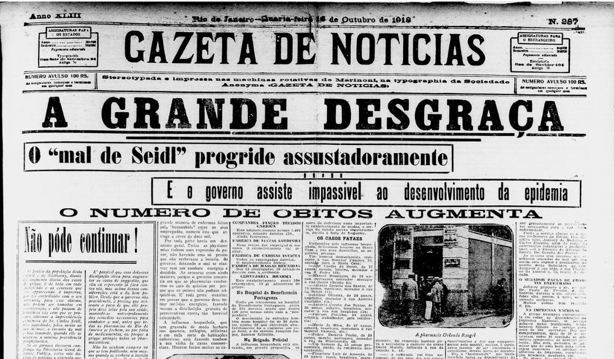 Gazeta de Notícias, 18 de Outubro de 1918.Simplesmente incrível como a história é implacável.Siga o fio para ver como a quarentena em tempos de pandemia é um caso de "ruim com ela, pior sem ela". 