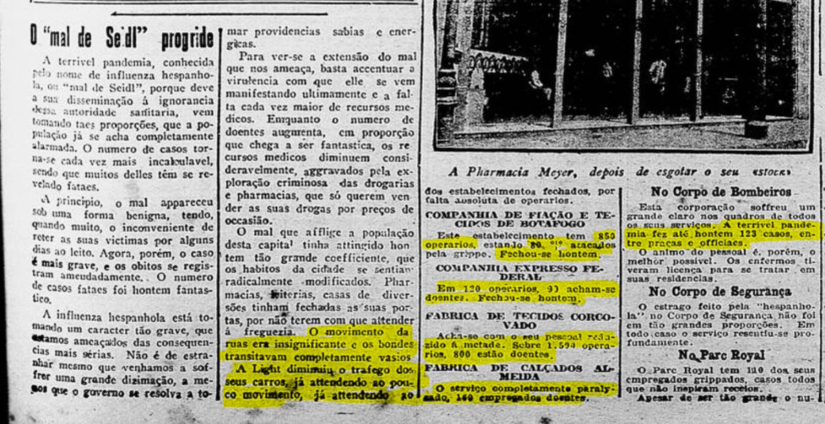 A Gazeta de Notícias fez uma lista dos estabelecimentos prejudicados por conta da alta contaminação dos trabalhadores pela gripe espanhola. Fábricas, lojas e farmácia fechadas, com bondes operando em menor quantidade por falta de passageiros, até o Corpo de Bombeiros foi afetado.